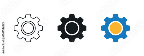 Configuration control concept illustrated by identical gear wheels aligned horizontally, same circular teeth and hub proportions