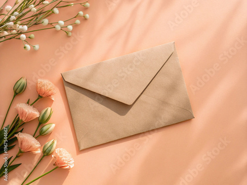 Kraft Envelope with Pink Spring Flowers Flat Lay on Peach Background Greeting Card Mockup