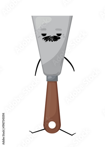 Cartoon vector illustration of a putty knife with a smiling face. Finishing tool character isolated on white background for repair and construction design.
