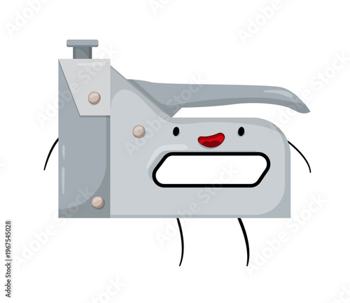 Cartoon vector illustration of a staple gun with a smiling face. Construction fastening tool character isolated on white background for repair concepts.