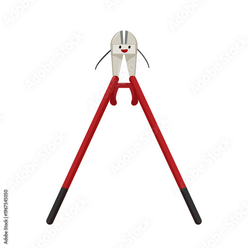Cartoon vector illustration of bolt cutters with a smiling face. Heavy duty cutting tool character isolated on white background for construction and repair themes.