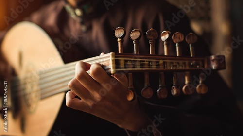 Close-up of a musician playing a traditional oud instrument with intricate details