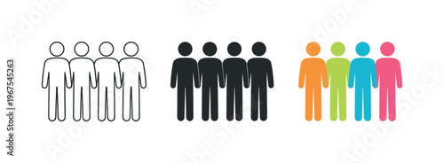 Collective collaboration concept shown by identical human figures standing upright in a horizontal sequence, same body shape and