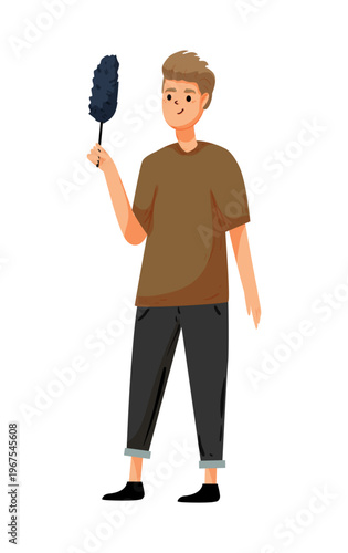 Cartoon vector illustration of a man holding a duster for cleaning. Household cleaning and maintenance concept.
