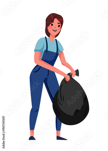 Cartoon vector illustration of a woman holding a garbage bag. Waste disposal and cleaning service concept.