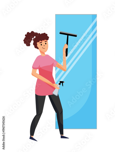 Cartoon vector illustration of a woman cleaning a glass window with a squeegee and spray bottle. Cleaning service concept.