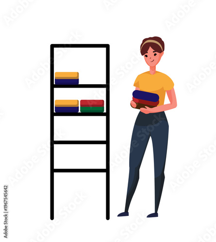 Cartoon vector illustration of a woman holding folded clothes near a shelf with laundry stacks. Household chore and organization concept.