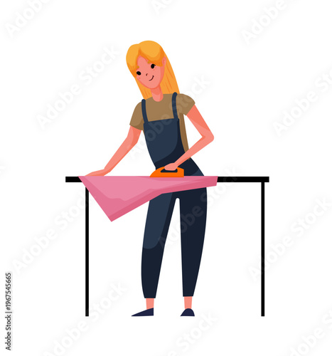 Cartoon vector illustration of a woman ironing fabric with an iron on a table. Flat style laundry and household concept isolated on white background.