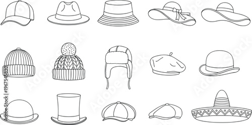 Hat icons set featuring caps beanies fedora bucket sombrero styles line vector illustration minimal outline fashion accessory collection isolated design pack