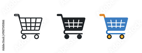 Digital marketplace concept depicted by identical shopping carts aligned horizontally, same basket frame and wheel proportions