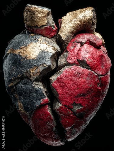 Cracked human heart sculpture with split red and black textures and rough stone surface in dark dramatic conceptual art style