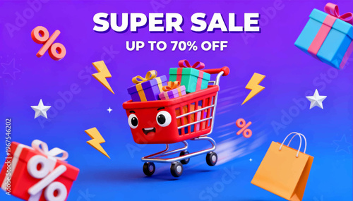 3D vector poster with a vibrant purple-to-blue gradient background, featuring a red anthropomorphic shopping cart with expressive eyes, and bold Super Sale 70% text.