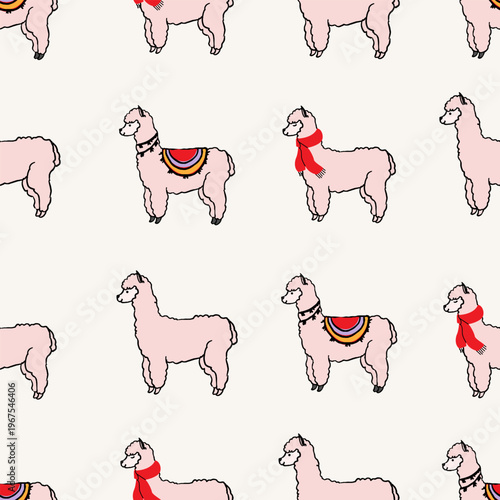 Seamless vector pattern with cute llamas in scarves and decorations. Flat style background for textile and nursery design.