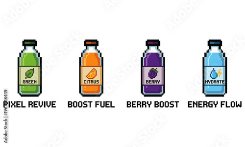 Illustration of four colorful bottles with labels and names on a white background, showcasing Drinks and Energy Flow.