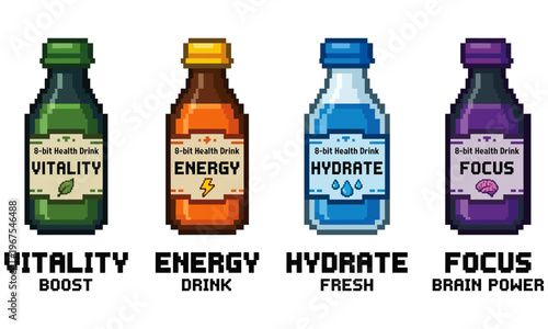 Four colorful bottles of energy drinks with labels on a white background showcasing vitality boost energy drink hydrate fresh and focus brain power.