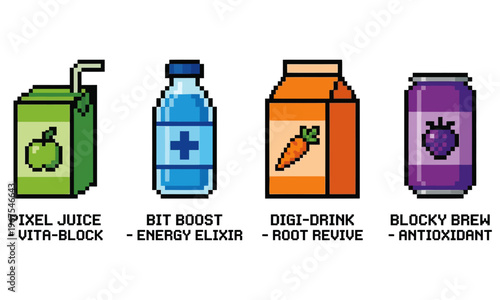 A colorful illustration of four pixelated beverage containers including juice, energy drink, digi-drink, and antioxidant brew on a white background.
