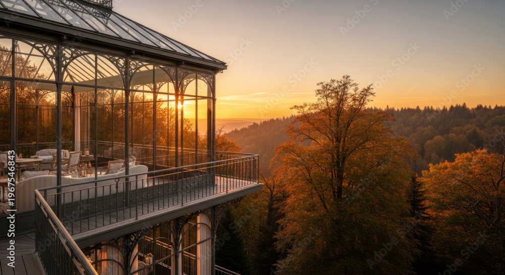 Fototapeta premium Elegant glass conservatory overlooking forest at sunset
