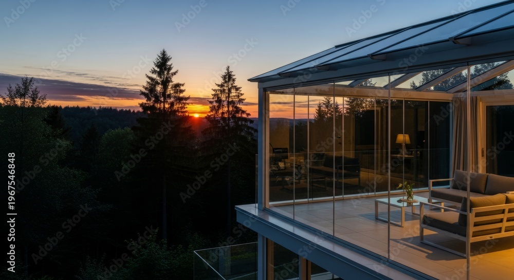 Obraz premium Luxury modern glass house with forest sunset view
