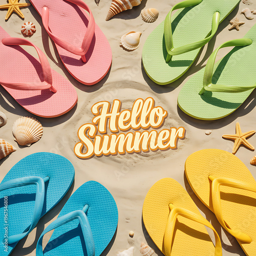 Colorful flip flops arranged on sandy beach with seashells and starfish