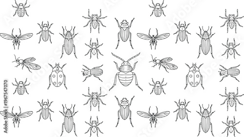 Insect icons set featuring beetles flies bugs collection line vector illustration minimal outline design entomology wildlife nature symbol pack isolated background