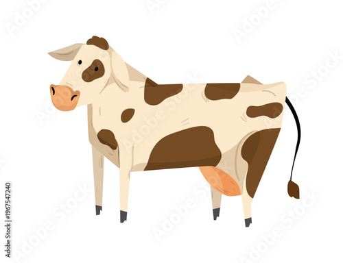 Cartoon vector illustration of a spotted cow standing. Flat farm animal isolated on white background for agriculture and dairy design.