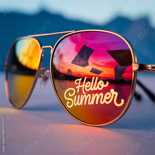 Vibrant sunglasses reflect sunny summer scene with Hello Summer sign on lenses.