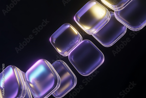Shiny metallic cubes aligned diagonally on dark background with reflections