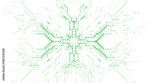 Abstract green digital circuit pattern with dots and lines on a white background, symbolizing technology and growth.