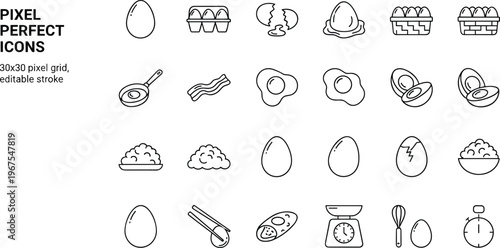 Pixel perfect egg icons set featuring cooking breakfast ingredients frying pan bacon kitchen tools line vector illustration minimal outline editable stroke collection