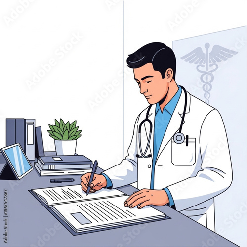 Doctor in White Coat Writing on Document.