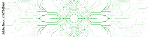 Green abstract digital pattern resembling circuitry with dots and lines, radiating from a central oval on white background.