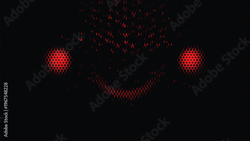 Abstract red digital face with glowing eyes and a smiling mouth made of pixelated squares, evoking a futuristic, digital, or AI-driven persona.