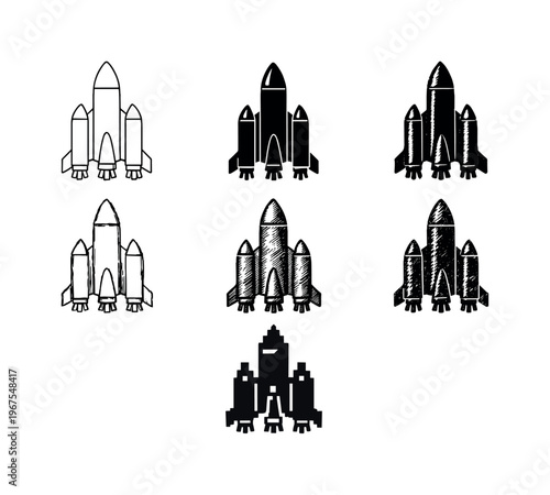 Classic space rocket with central body booster and two side thrusters, representing exploration speed and innovation | Create ONE