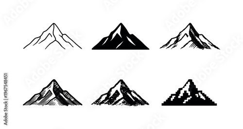 Single mountain summit with layered slopes and pointed top, used to represent goals achievement and nature scenery | Create ONE