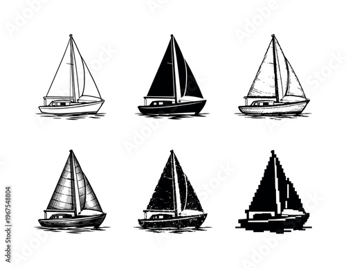 Sailboat Design Variations. Classic sailboat yacht with single mast and curved hull gliding on water, commonly used for coastal