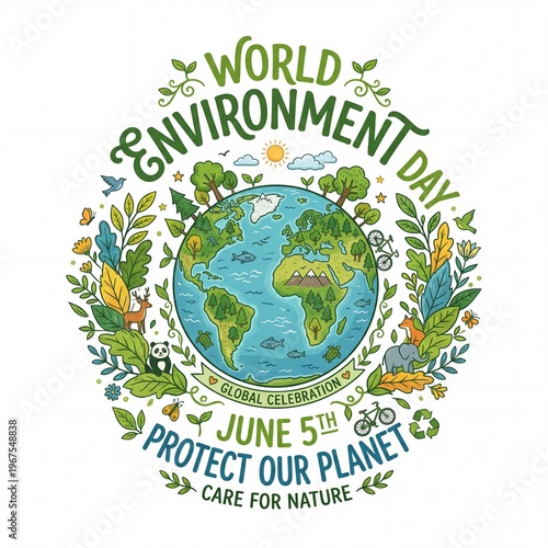 Detailed hand-drawn doodle illustration for World Environment Day June 5th with Earth, animals, and ecology typography.