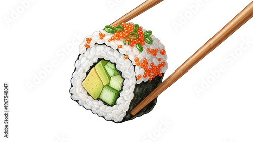 Sushi Day Fresh Cucumber Avocado Uramaki with Nori, Orange Caviar & Spring Onion Illustration