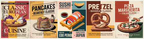 Set of vintage posters display classic global foods. Each shows colorful, appetizing dishes on textured backgrounds. Art style mimics retro diner ads with bold, clean typography