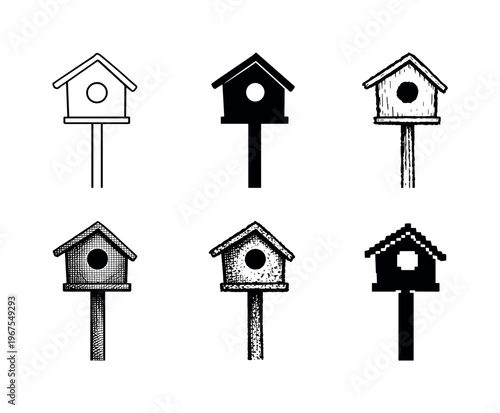 Decorative garden birdhouse on pole with slanted roof and circular opening, used as nesting shelter | Create ONE image containing