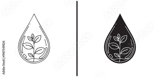 A minimalist illustration of a teardrop shape with a plant inside