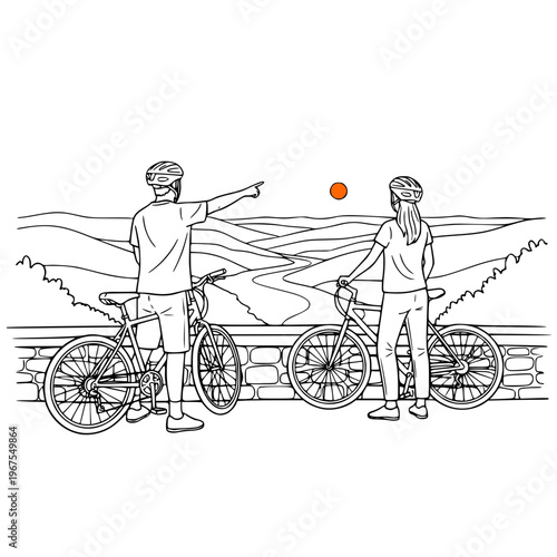 Young couple pointing towards sunset while standing with bicycles  