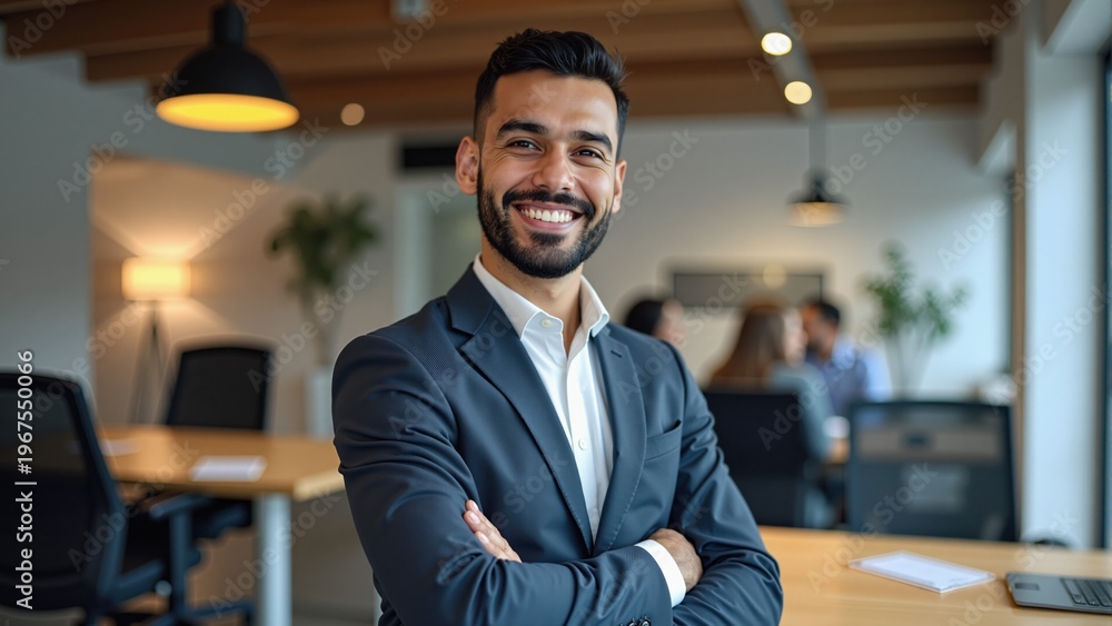 Fototapeta premium Portrait of a smiling handsome business man in coworking office. Looking at camera. Arabic style. Muslim businessman. 