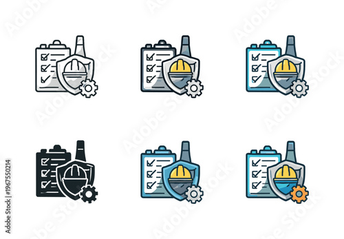 Visual metaphor for factory safety regulation formed as a cohesive symbol suggesting vigilance, structured rules, and consistent