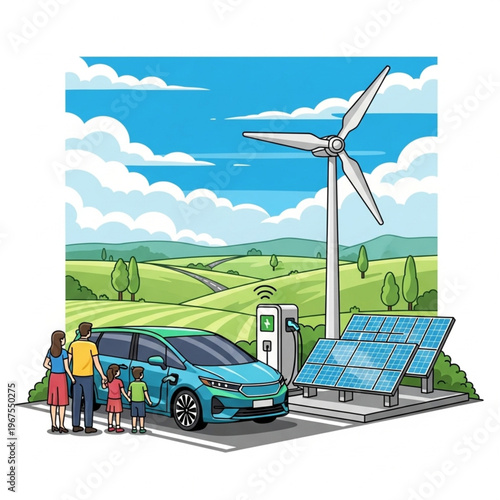 Electric Car Charging at Wind Turbine Station.