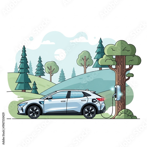 Electric Car Charging in Serene Landscape.