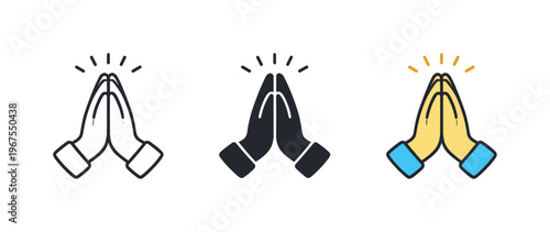Gathering for worship involves prayer hands symbols positioned side by side in a straight horizontal arrangement, same finger