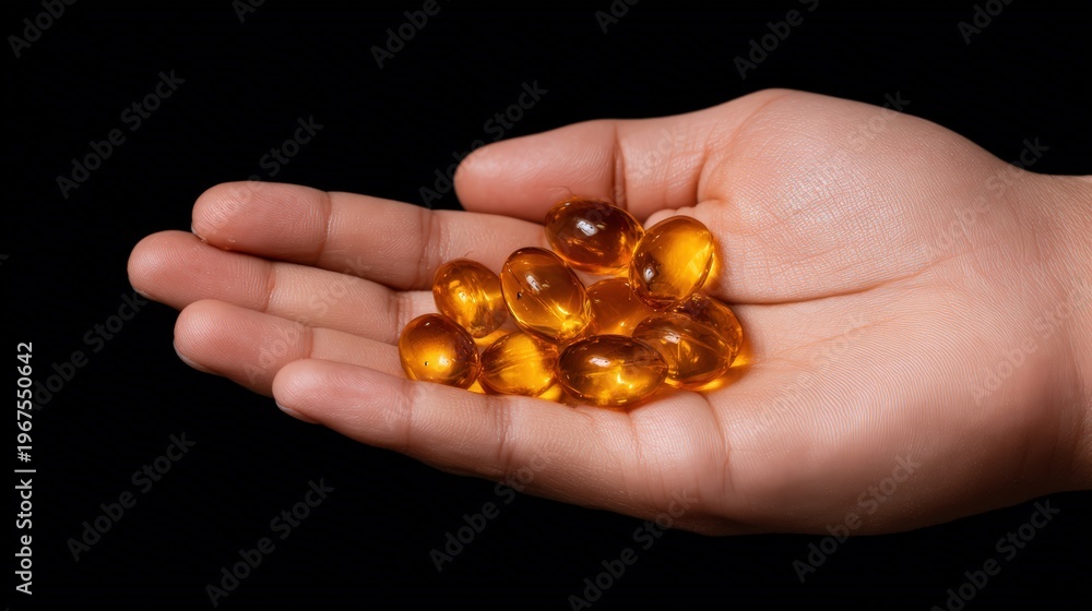 Fototapeta premium A hand holds several translucent amber-colored soft gel capsules against a black background.