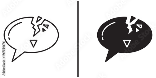 A broken speech bubble icon with a cracked and damaged design
