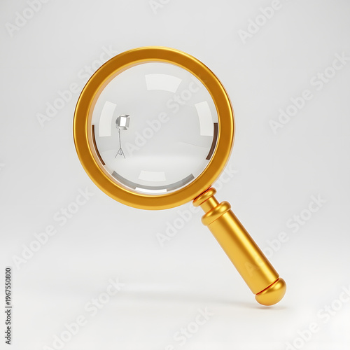 An isolated 3d magnifying glass tool with a golden key lens focus for searching discovery of a gold object on white background