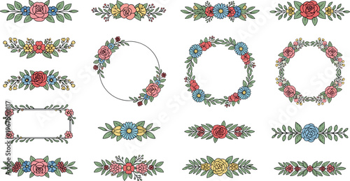 Floral Frame and Border Vector Set with Vintage Flowers, Wreaths, and Decorative Botanical Elements